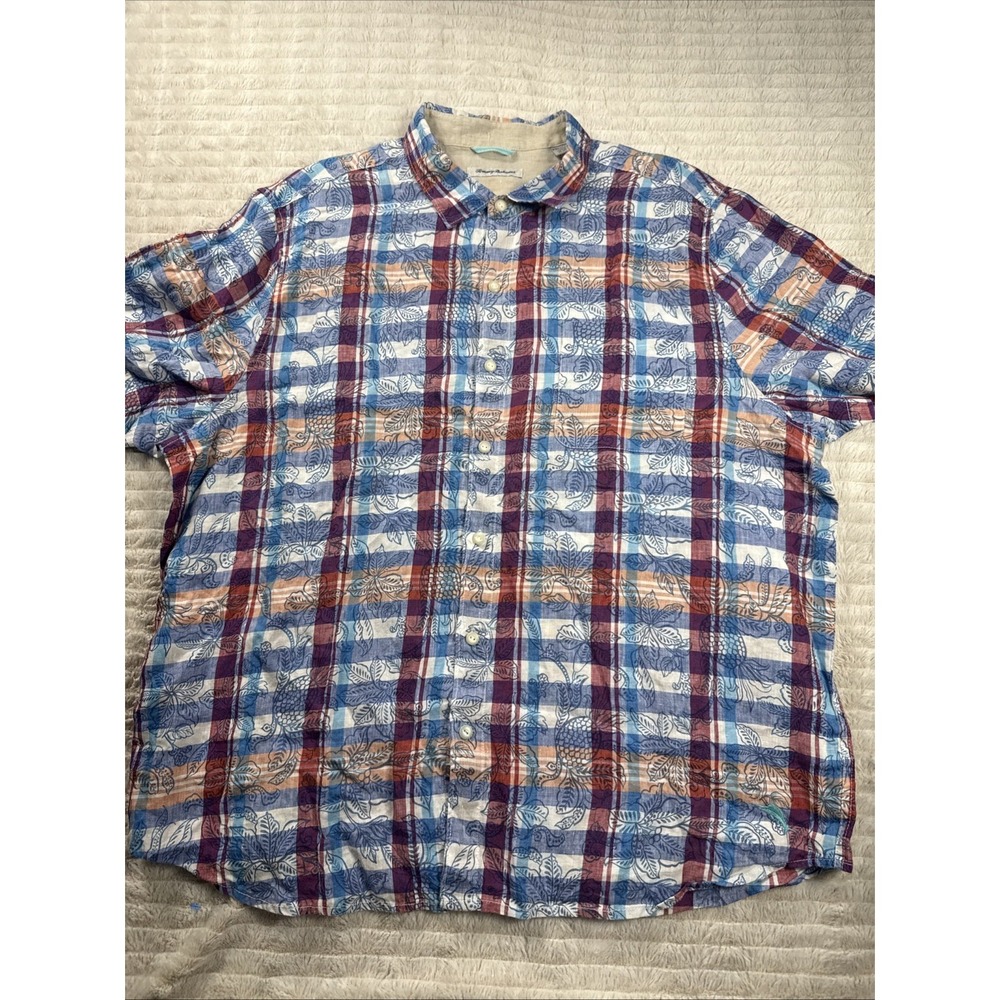 Tommy Bahama Men 2XL Plaid & Floral AOP Blue Red 100% Linen Casual Button Up EUC